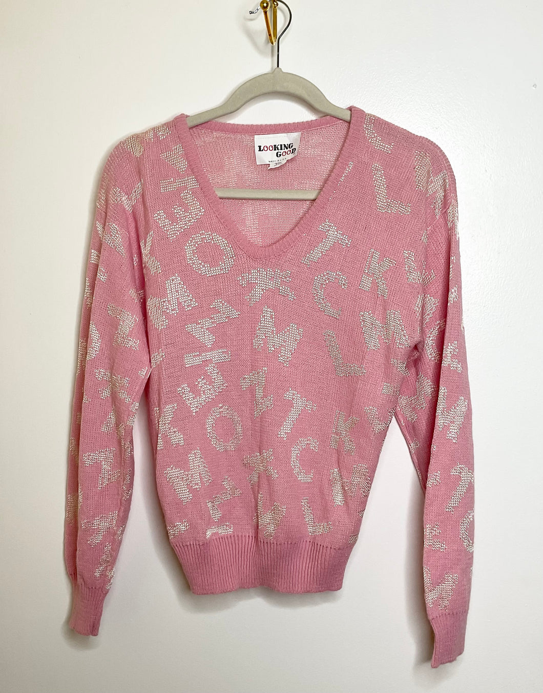 Vintage Light Pink V-Neck Sweater (S)