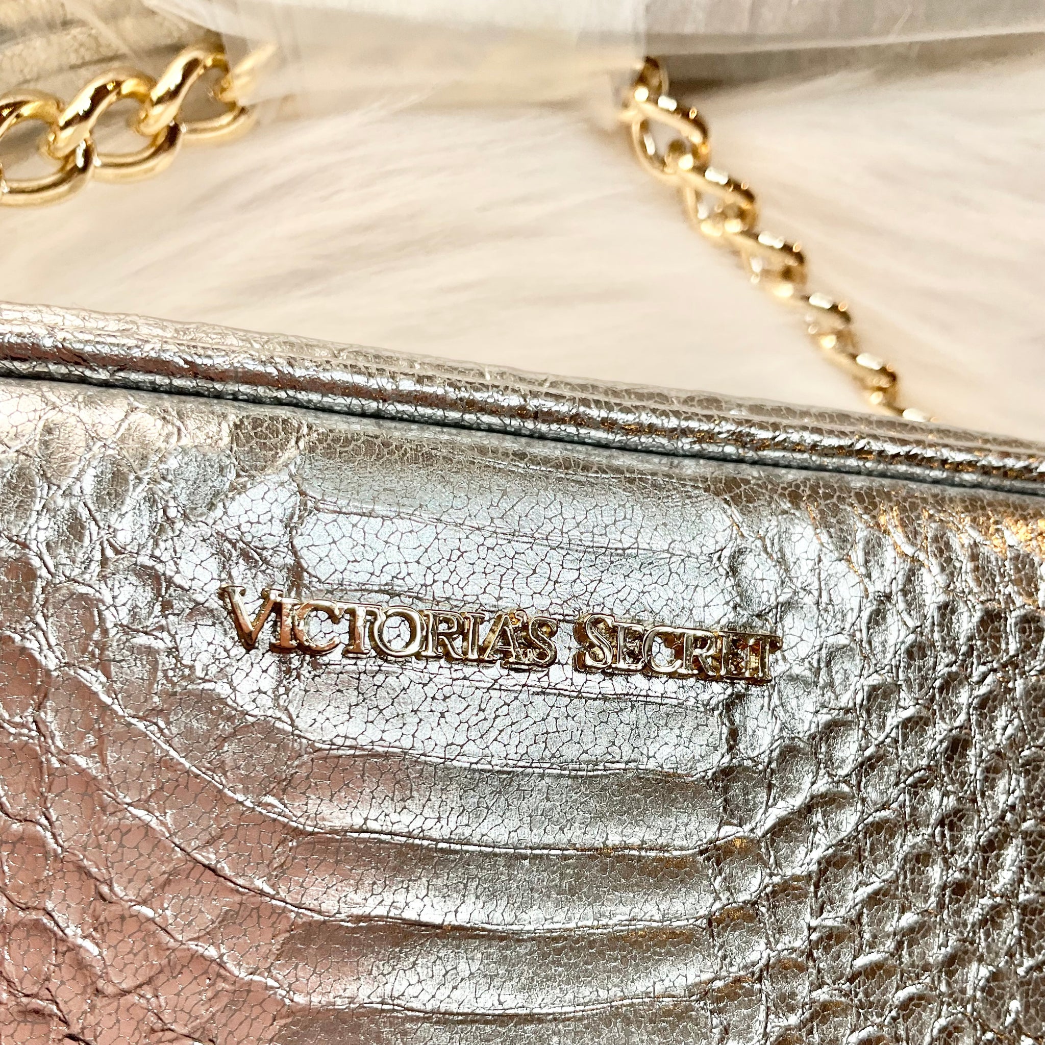 Victorias Secret Purse Crossbody Bag Silver Gold Chain Snake Metallic